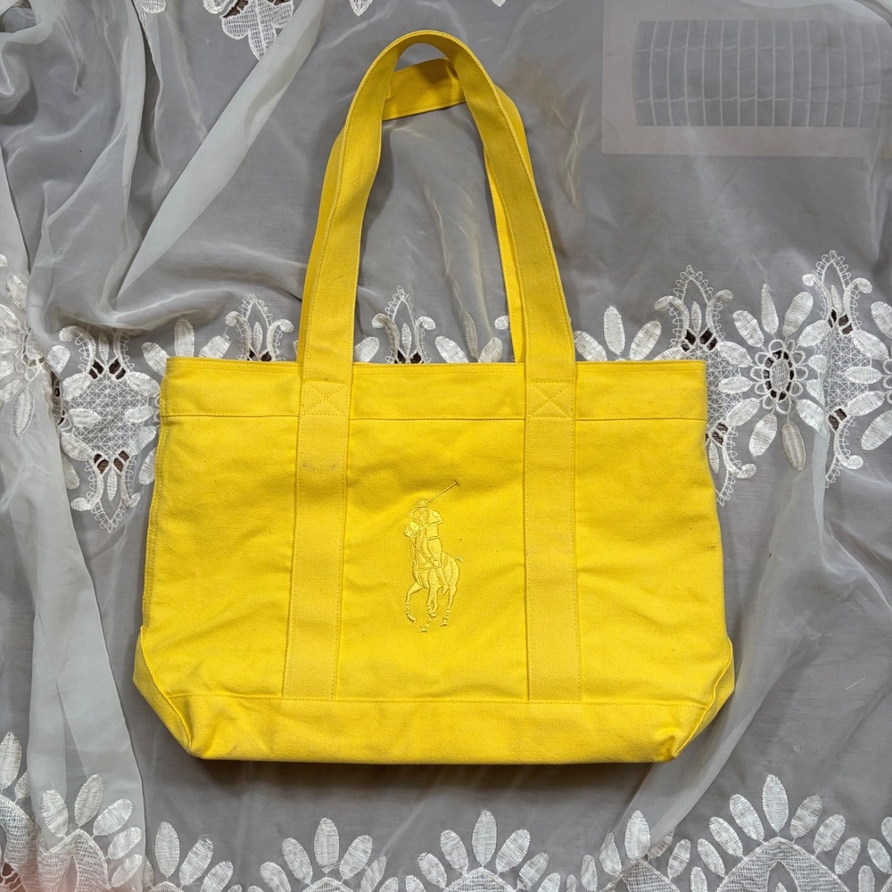 Polo Ralph Lauren Yellow Canvas Big Pony Tote Bag Blue Striped Lining Large